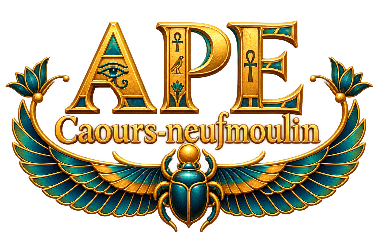 APE Caours-neufmoulin, lettrage égyptien or et turquoise