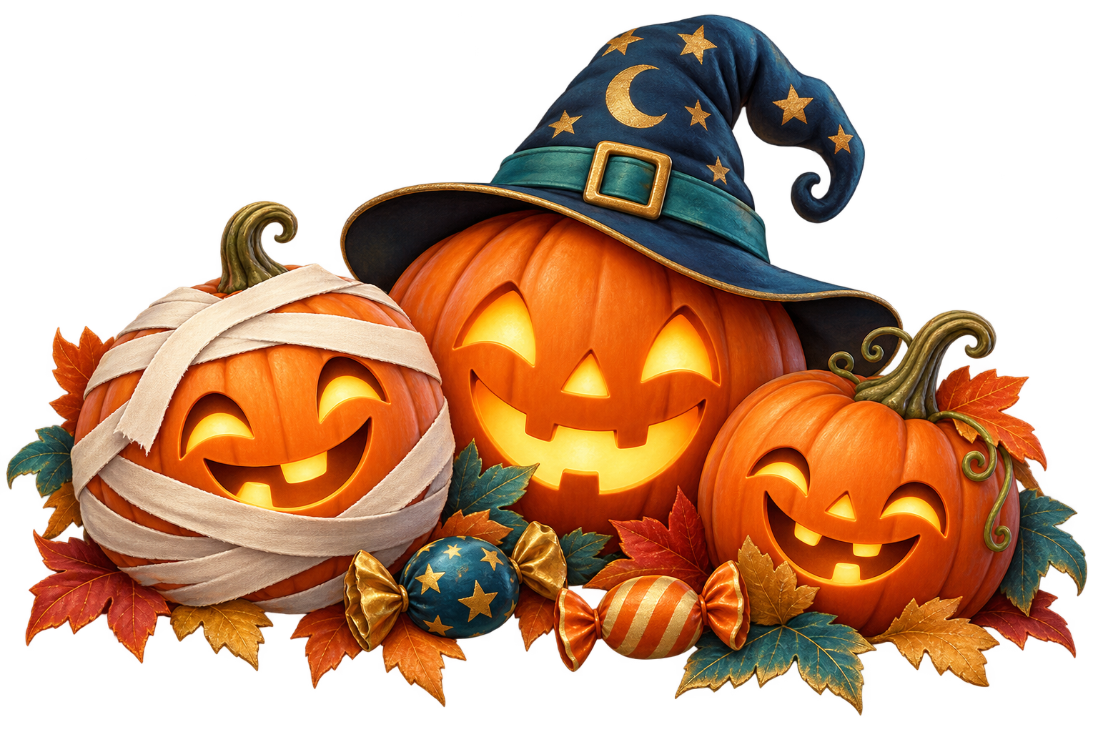 Citrouilles souriantes, bonbons et bandelettes pour Halloween